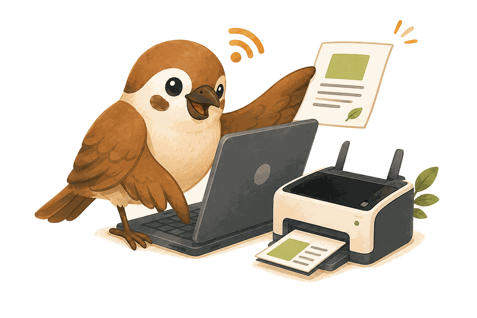 Technikspatz mit Computer und Drucker